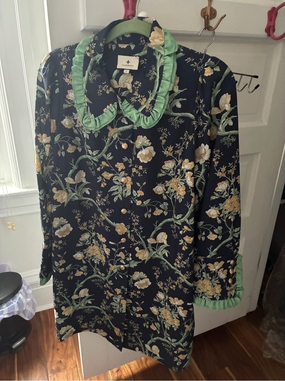 Tuckernuck Black Floral Ruffle-Trim dress with Green Accents and flowers